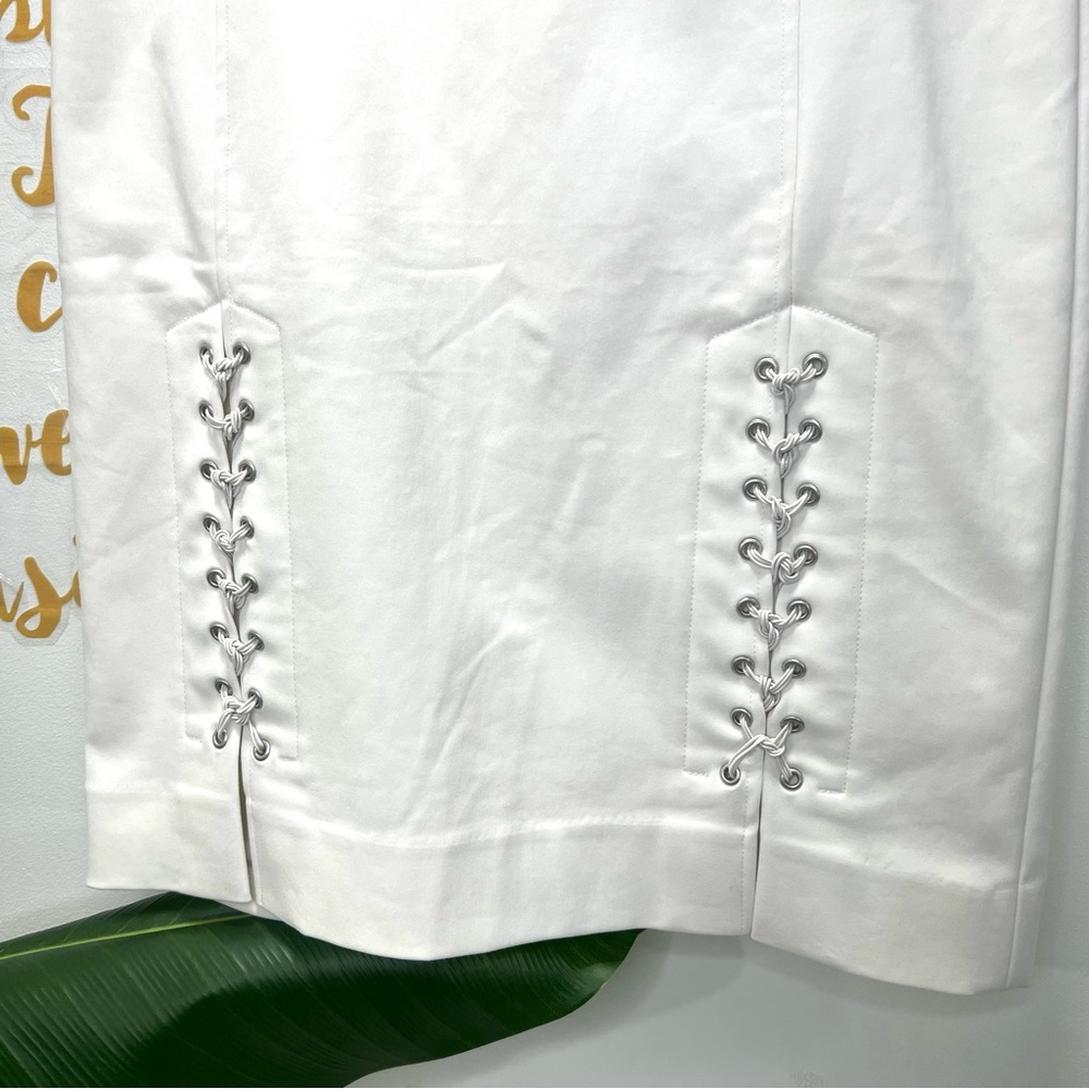 ETCETERA Solid White Pencil Skirt Eyelet Mock Tie Lace Up Detail Size 0 … - Picture 5 of 11